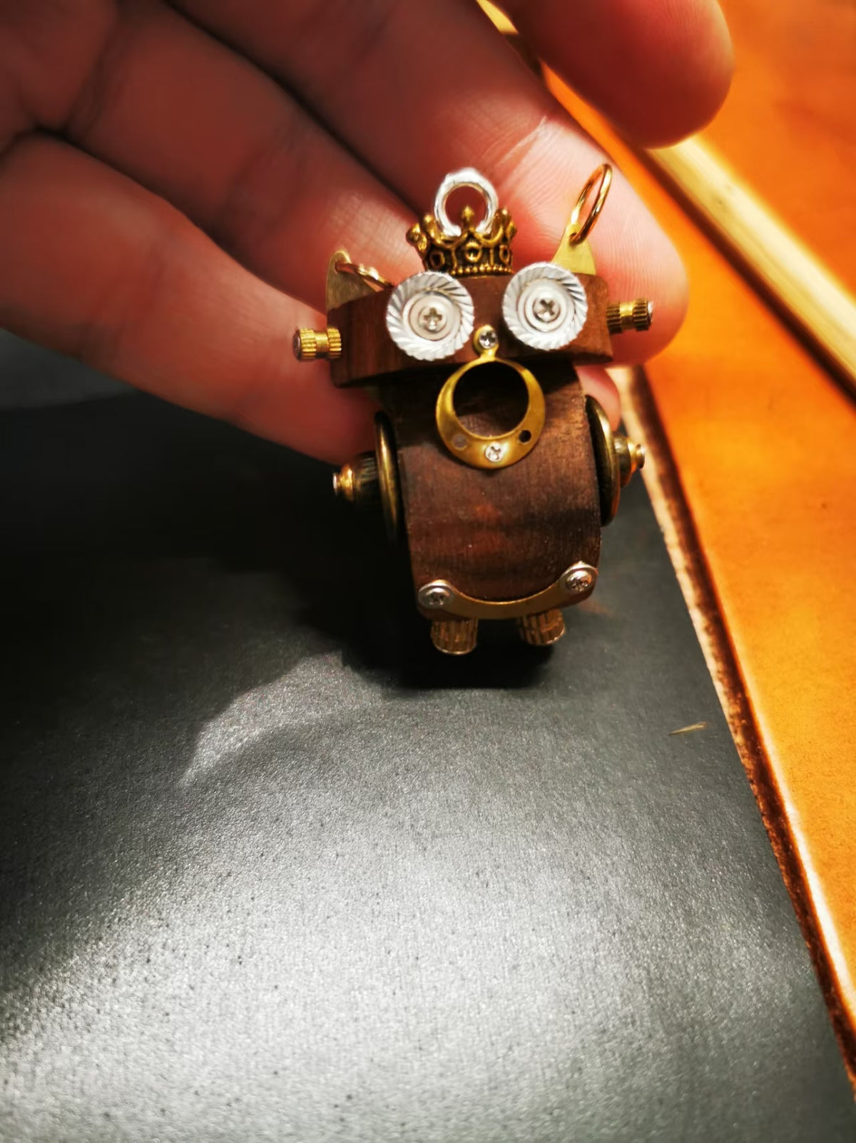 Cosmo – Golden Crown & Crescent Double-Sided Steampunk Robot Charm
