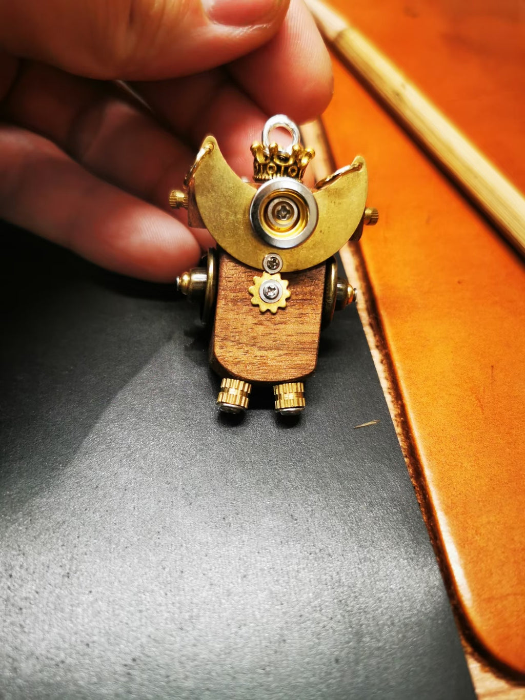 Cosmo – Golden Crown & Crescent Double-Sided Steampunk Robot Charm