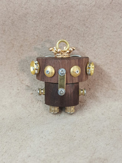 August – Silver Eyes & Golden Collar Double-Sided Steampunk Robot Charm