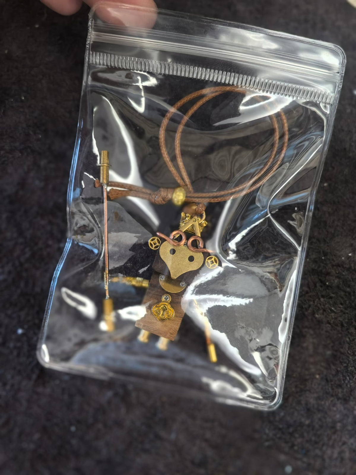 Monkey-Inspired Steampunk Robot Pendant with Staff – Handmade Wood & Metal