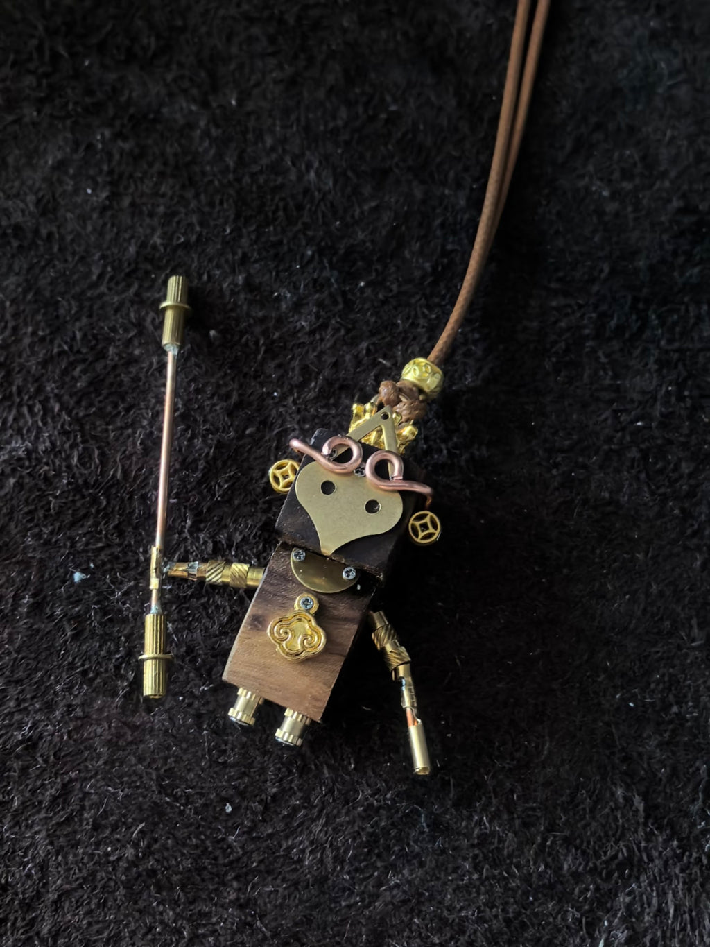 Monkey-Inspired Steampunk Robot Pendant with Staff – Handmade Wood & Metal