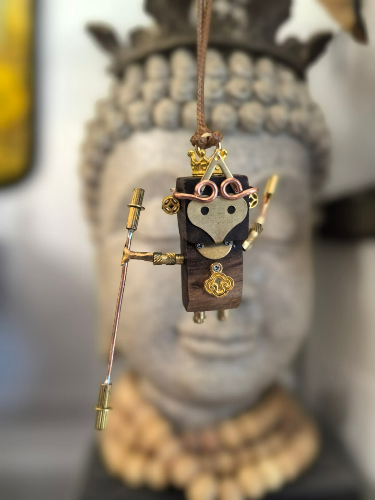 Monkey-Inspired Steampunk Robot Pendant with Staff – Handmade Wood & Metal