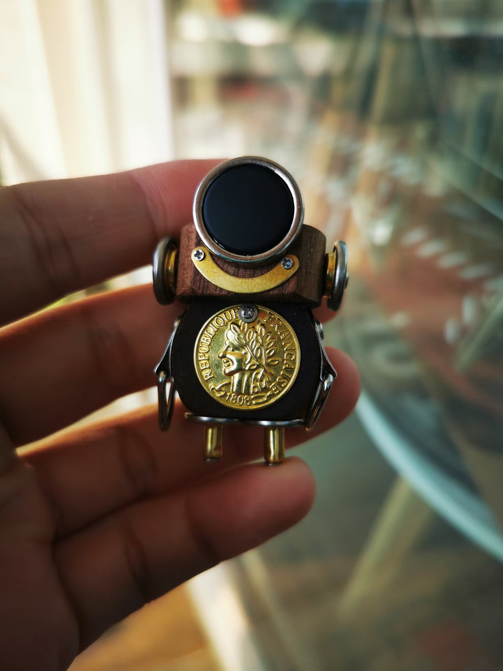 Orion – Midnight Monocle & Golden Coin Single-Sided Steampunk Robot Charm