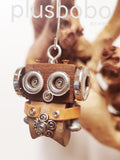 Silver-Eyed Steampunk Robot Charm with Spiral Flower – Handmade Wood & Metal