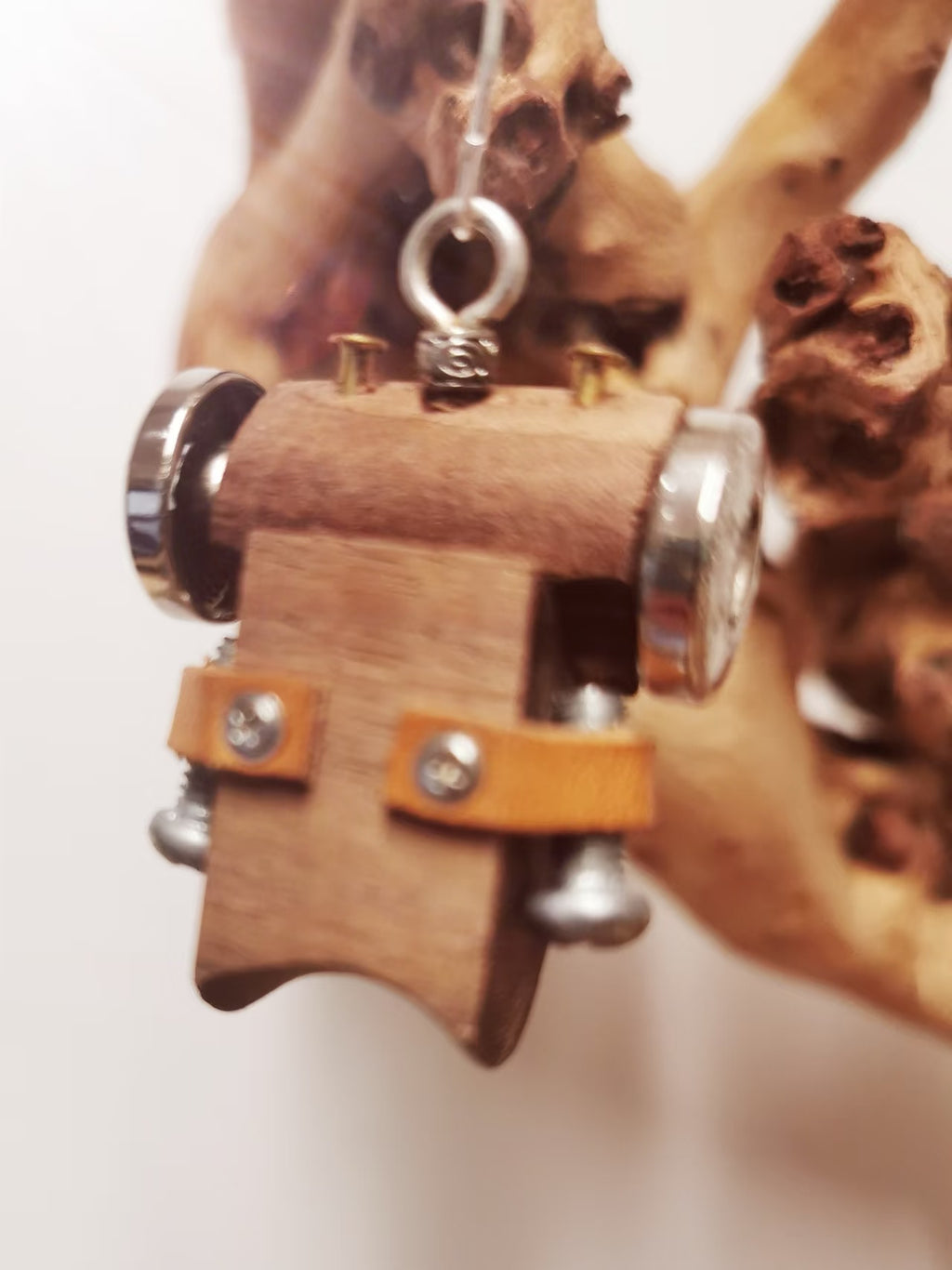 Silver-Eyed Steampunk Robot Charm with Spiral Flower – Handmade Wood & Metal