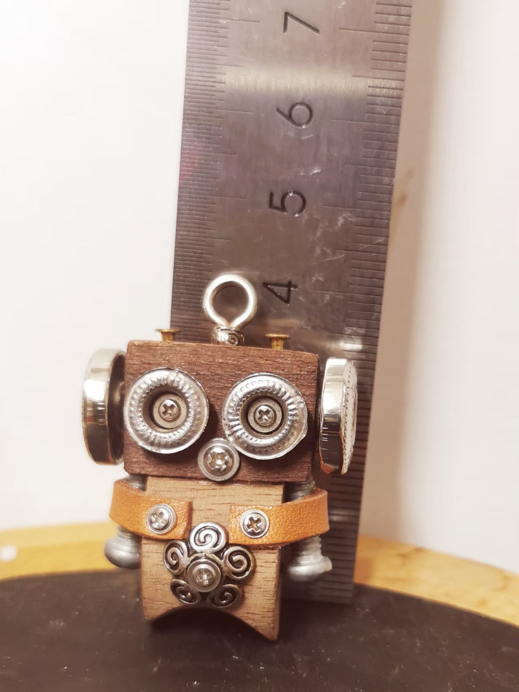 Silver-Eyed Steampunk Robot Charm with Spiral Flower – Handmade Wood & Metal