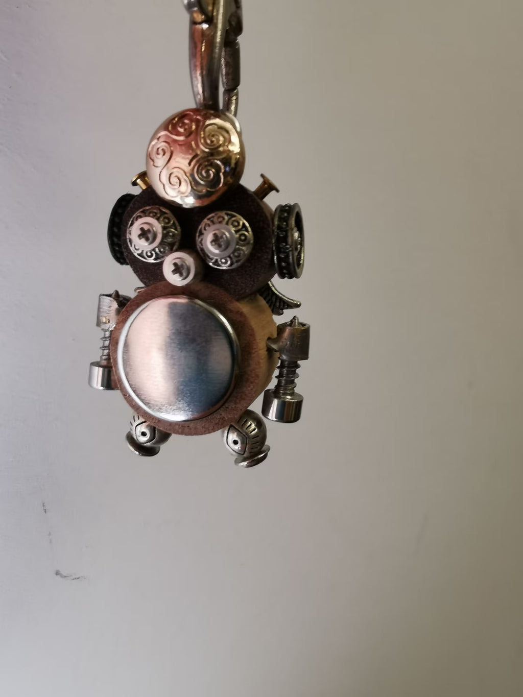 Round Steampunk Robot Charm with Silver-Tone Disc – Handmade Wood & Metal
