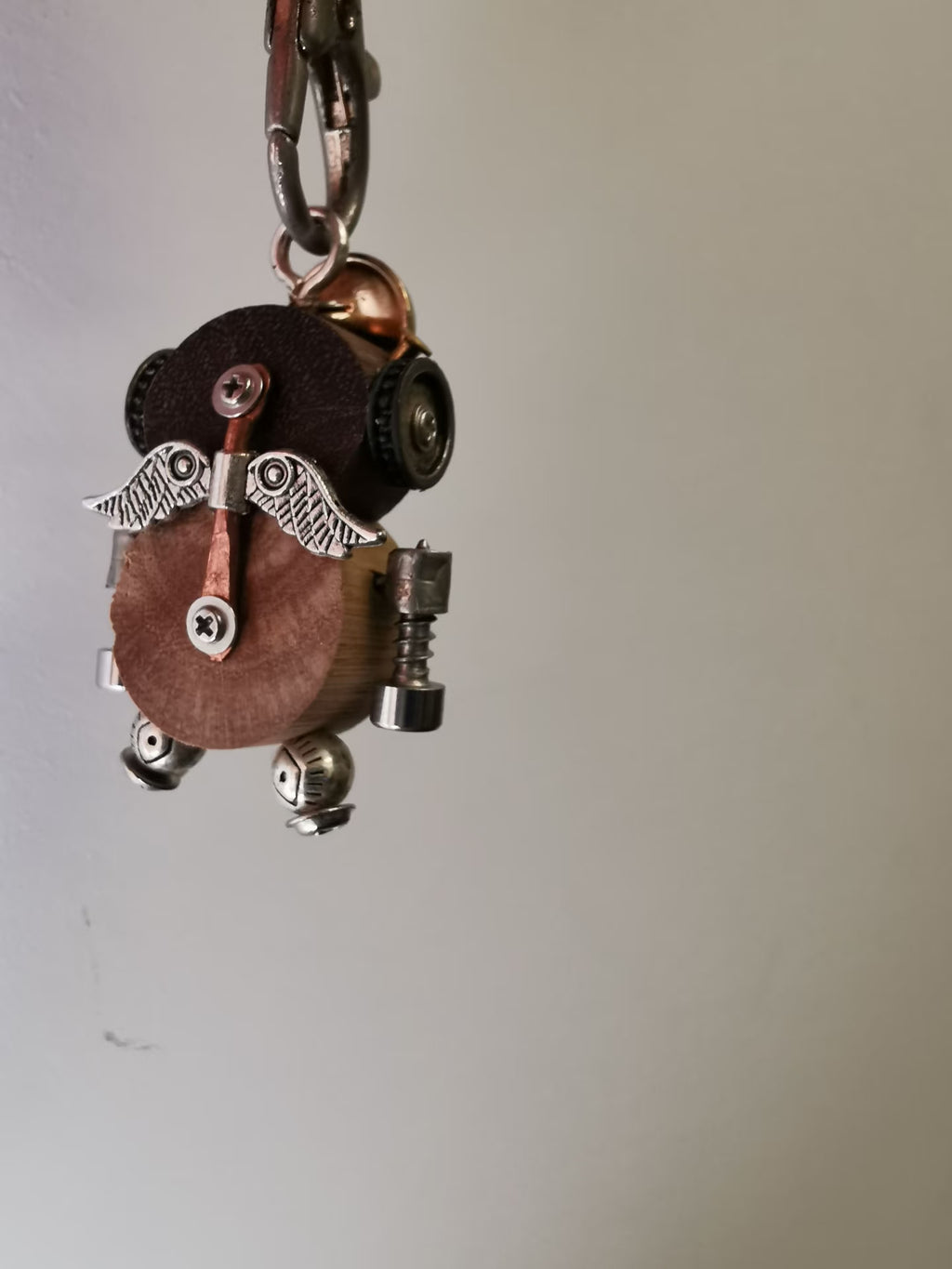 Round Steampunk Robot Charm with Silver-Tone Disc – Handmade Wood & Metal
