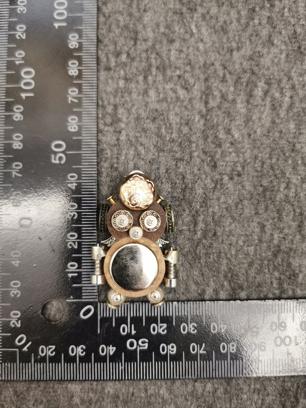 Round Steampunk Robot Charm with Silver-Tone Disc – Handmade Wood & Metal