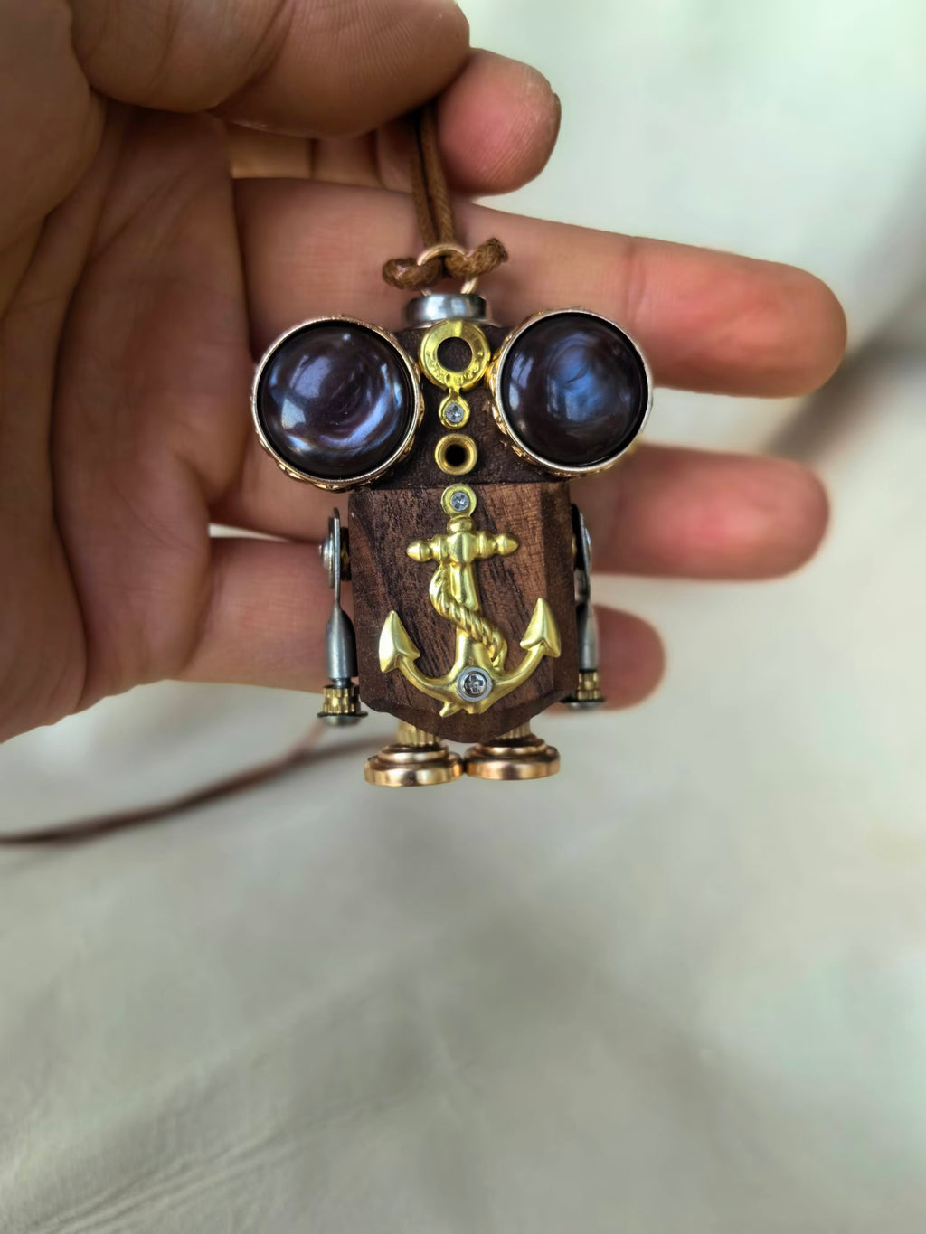 Nautical Steampunk Robot Pendant with Gold-Tone Anchor – Handmade Wood & Metal