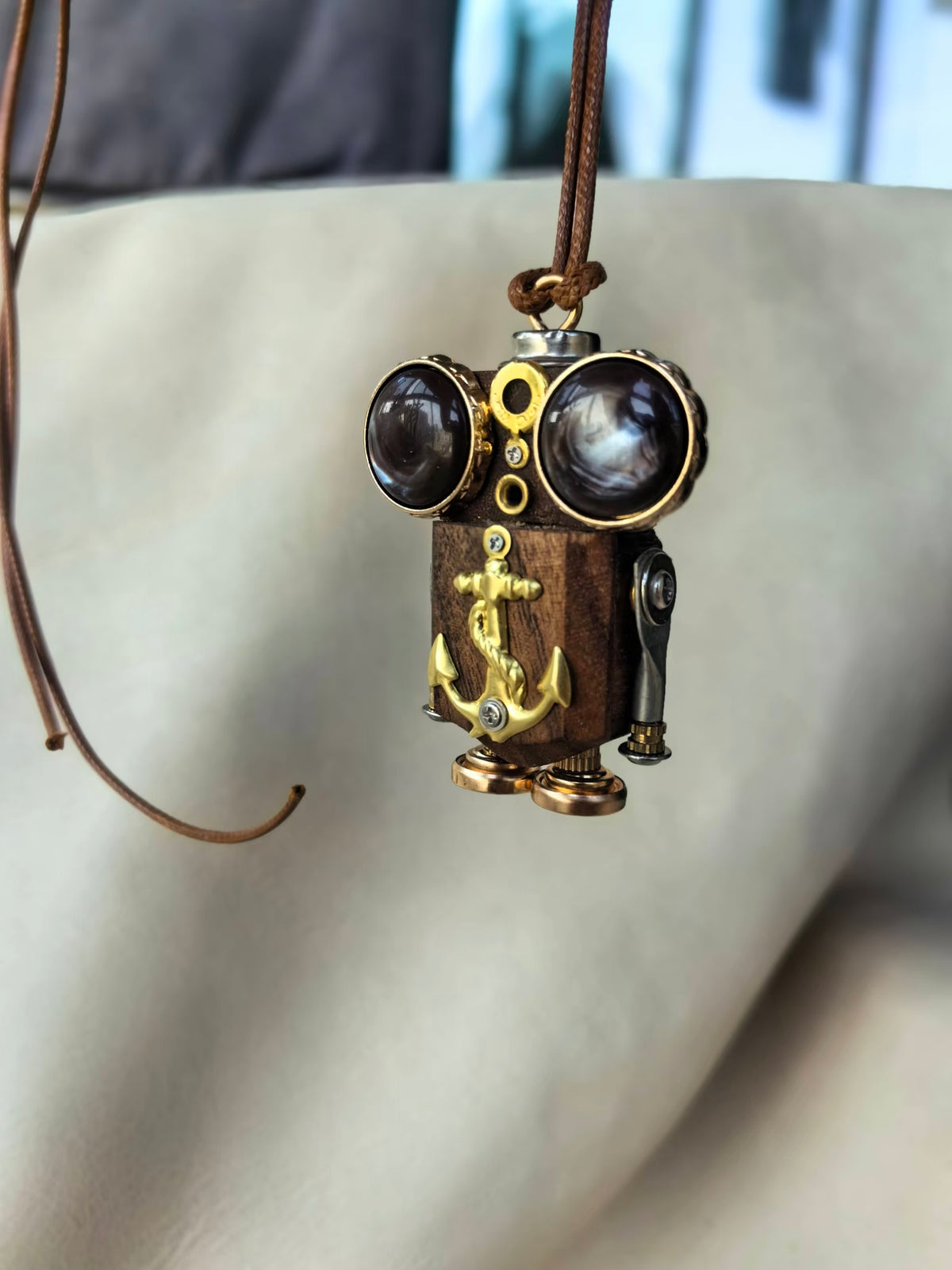 Nautical Steampunk Robot Pendant with Gold-Tone Anchor – Handmade Wood & Metal
