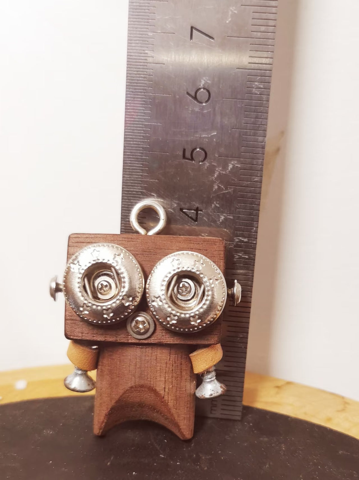 Star-Eyed Steampunk Robot Charm – Handmade Wood & Metal