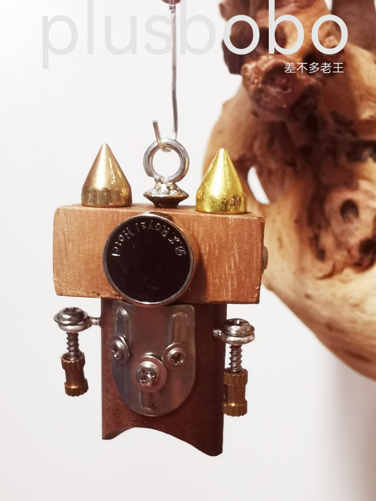 Steampunk Robot Charm with Gold-Tone Spikes – Handmade Wood & Metal
