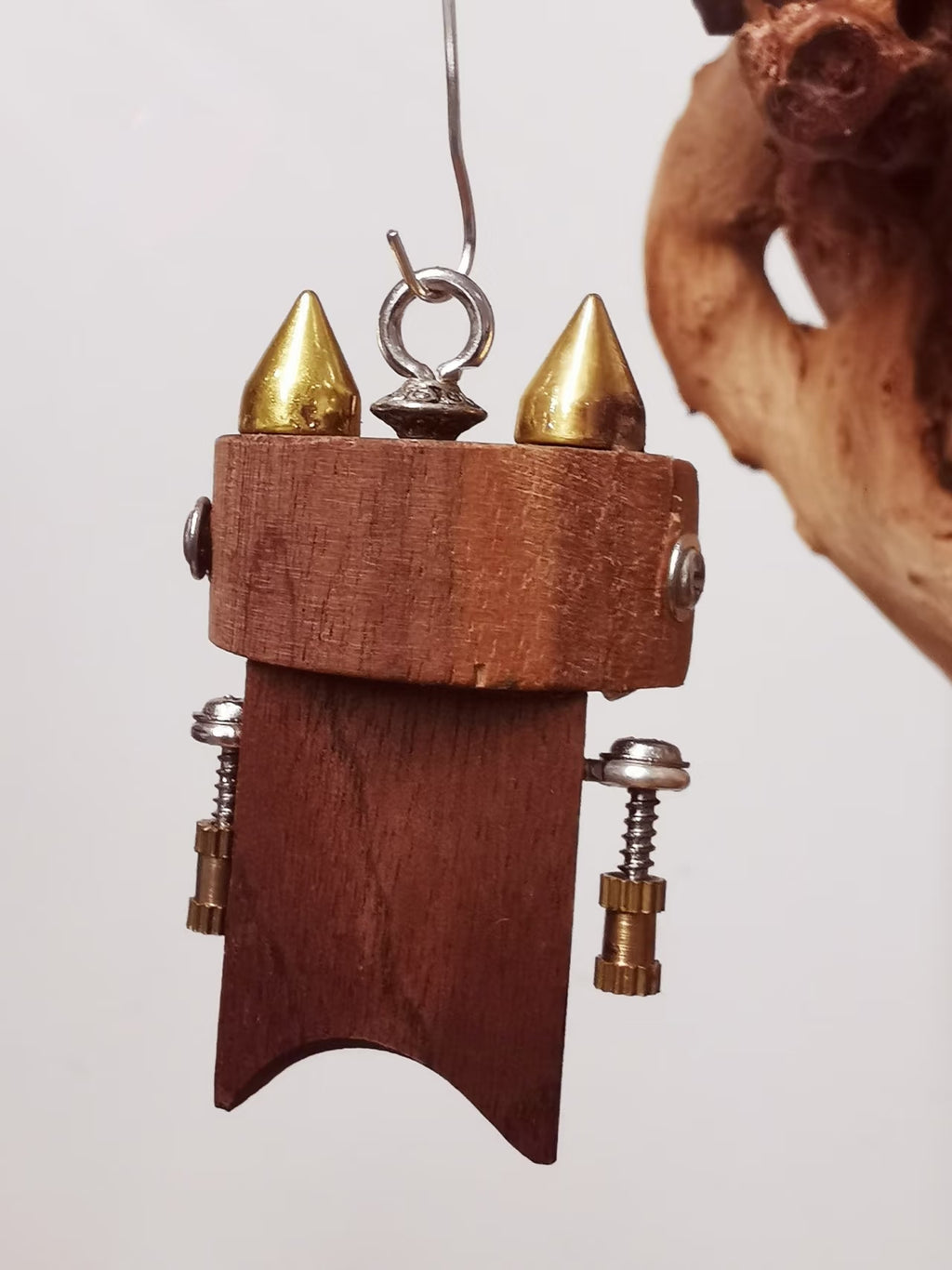 Steampunk Robot Charm with Gold-Tone Spikes – Handmade Wood & Metal