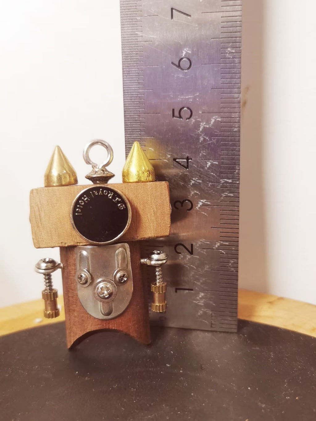 Steampunk Robot Charm with Gold-Tone Spikes – Handmade Wood & Metal
