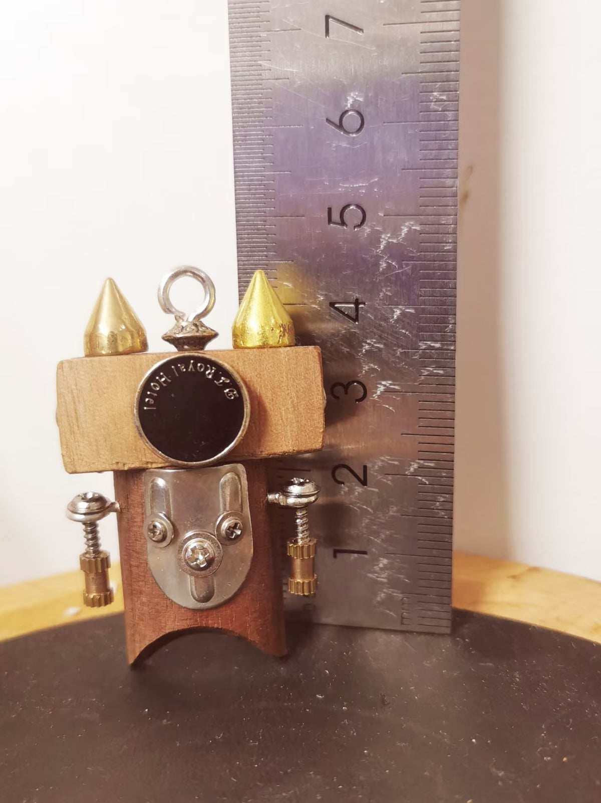 Steampunk Robot Charm with Gold-Tone Spikes – Handmade Wood & Metal