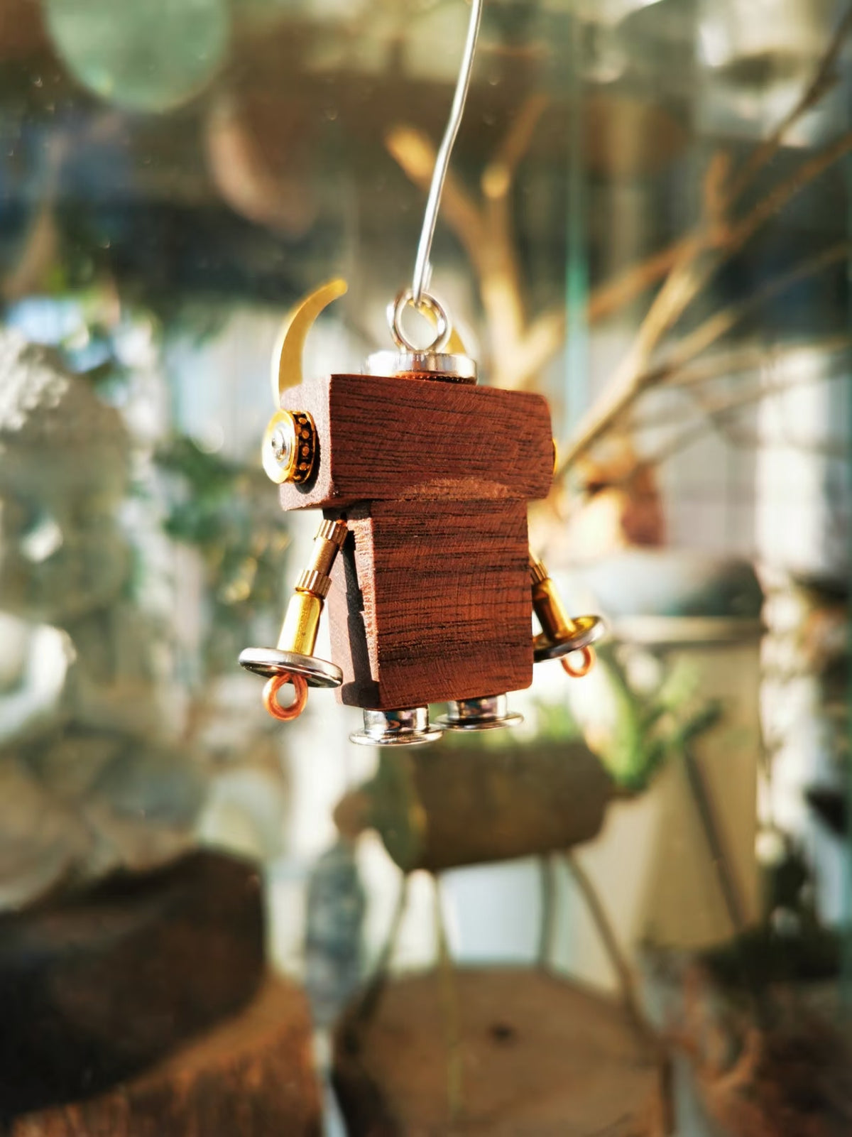 Steampunk Robot Charm with Gold-Tone Crest & Coin Detail – Handmade Wood & Metal