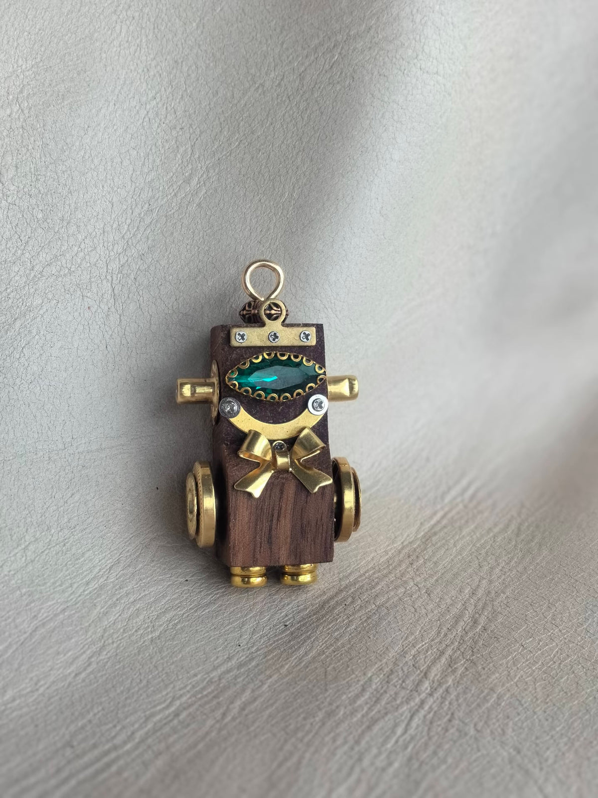 Green-Eyed Steampunk Robot Charm with Gold-Tone Bow Tie
