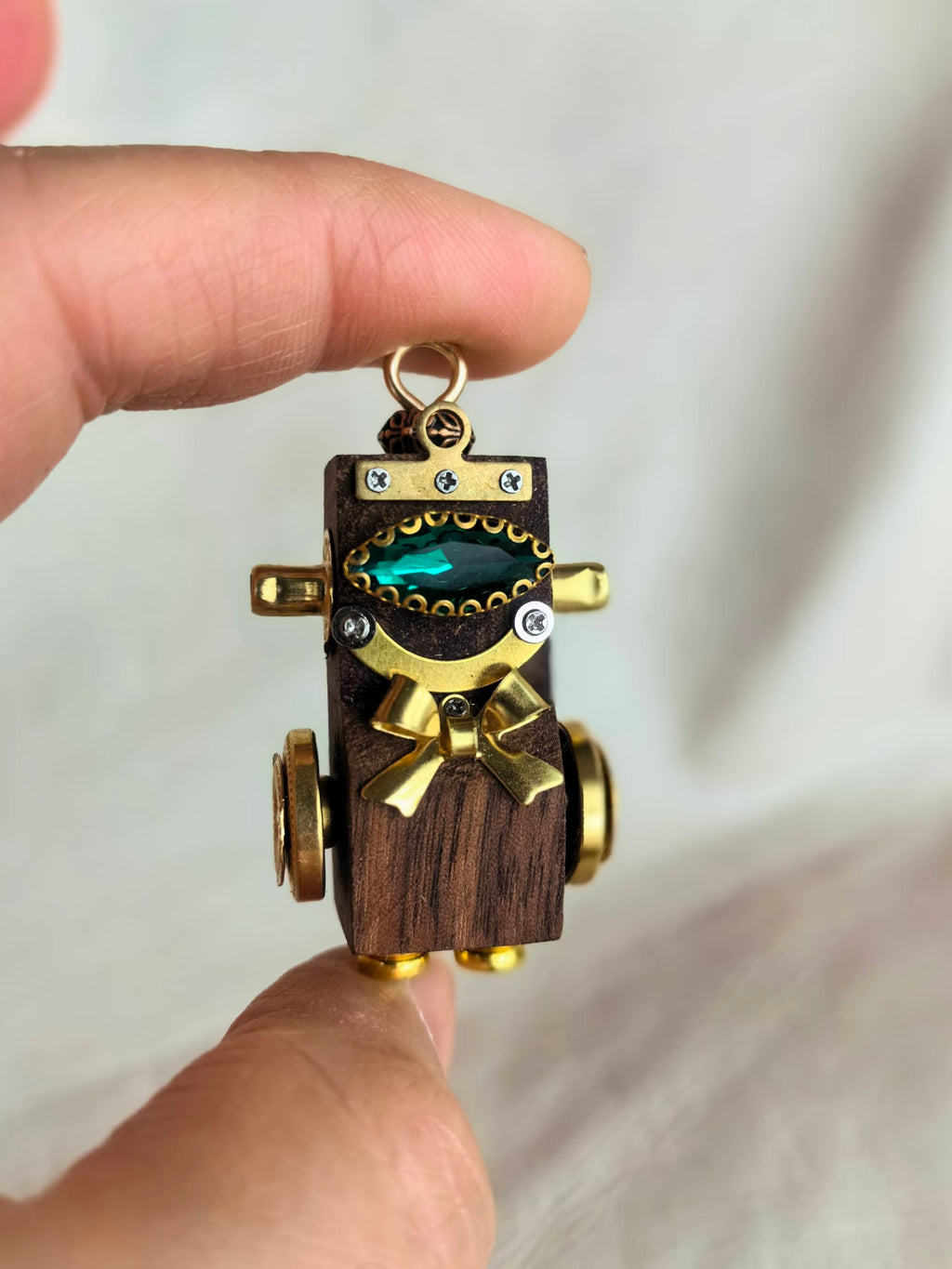 Green-Eyed Steampunk Robot Charm with Gold-Tone Bow Tie