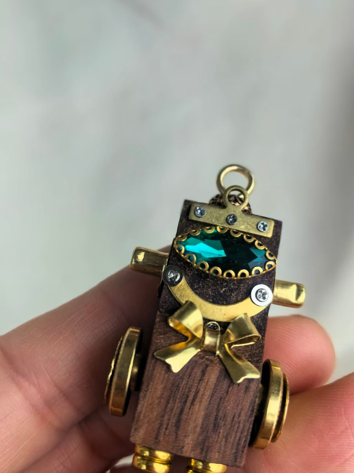Green-Eyed Steampunk Robot Charm with Gold-Tone Bow Tie