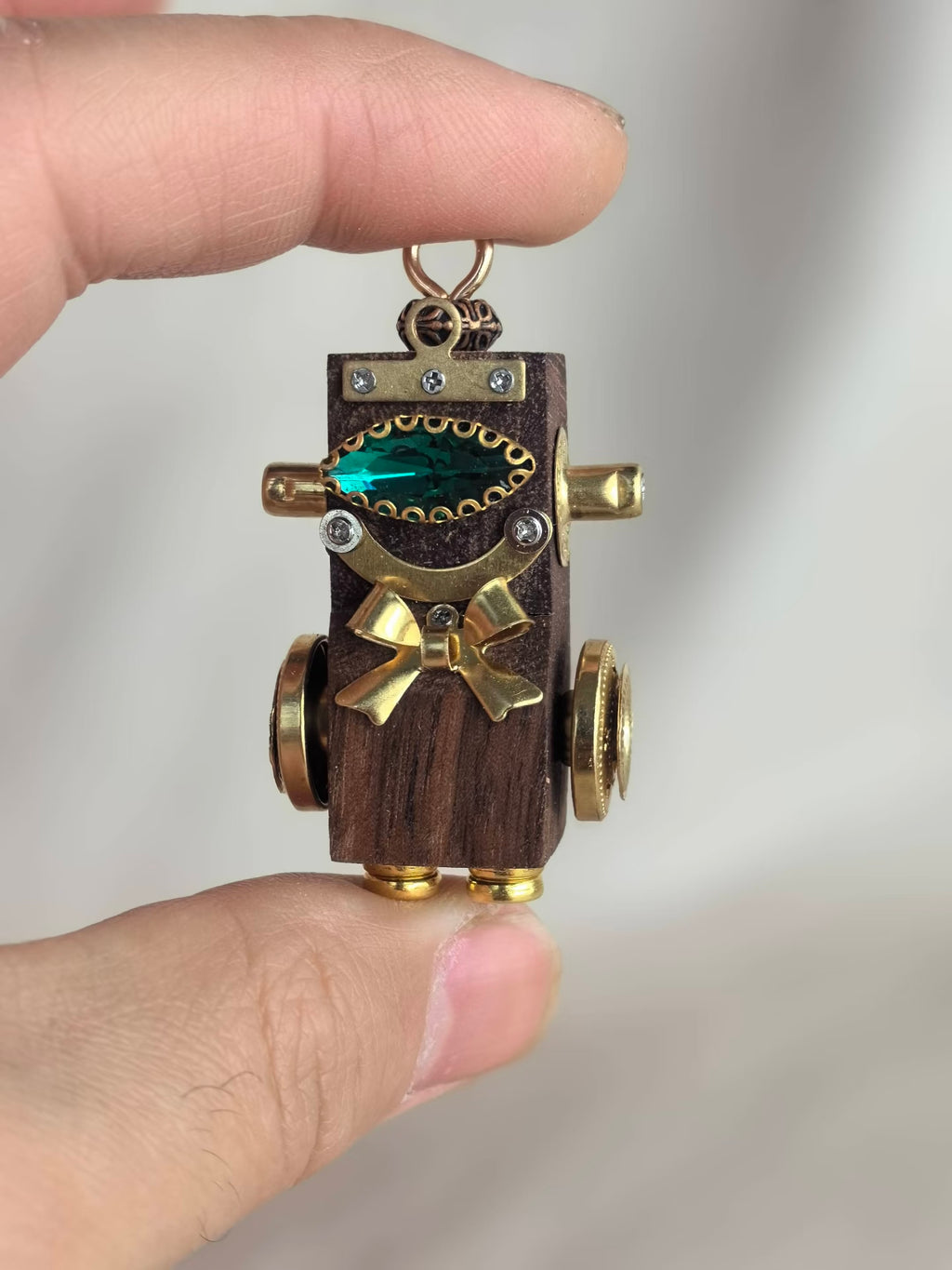 Green-Eyed Steampunk Robot Charm with Gold-Tone Bow Tie