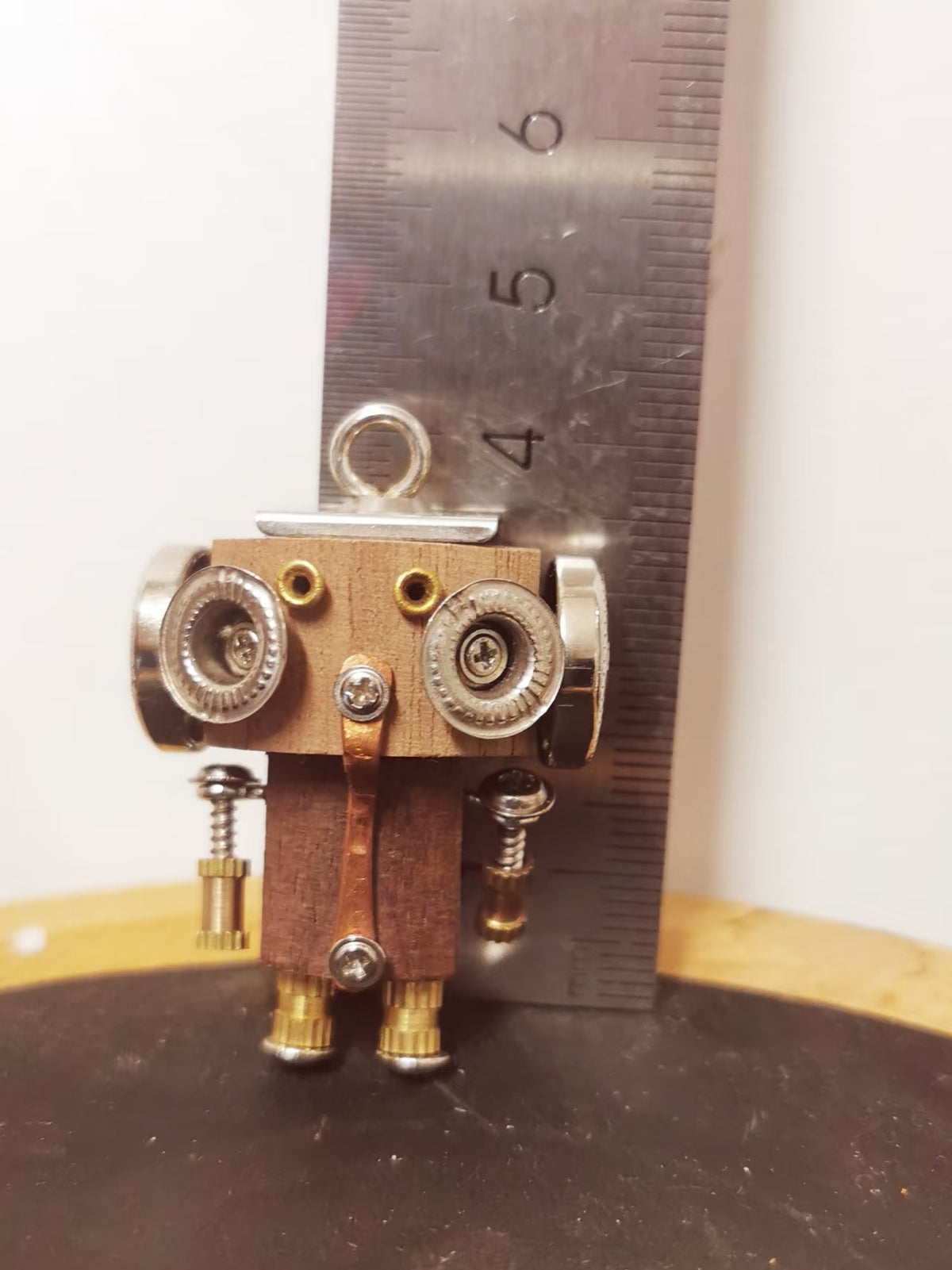 Silver-Eyed Double-Sided Steampunk Robot Charm – Handmade Wood & Metal