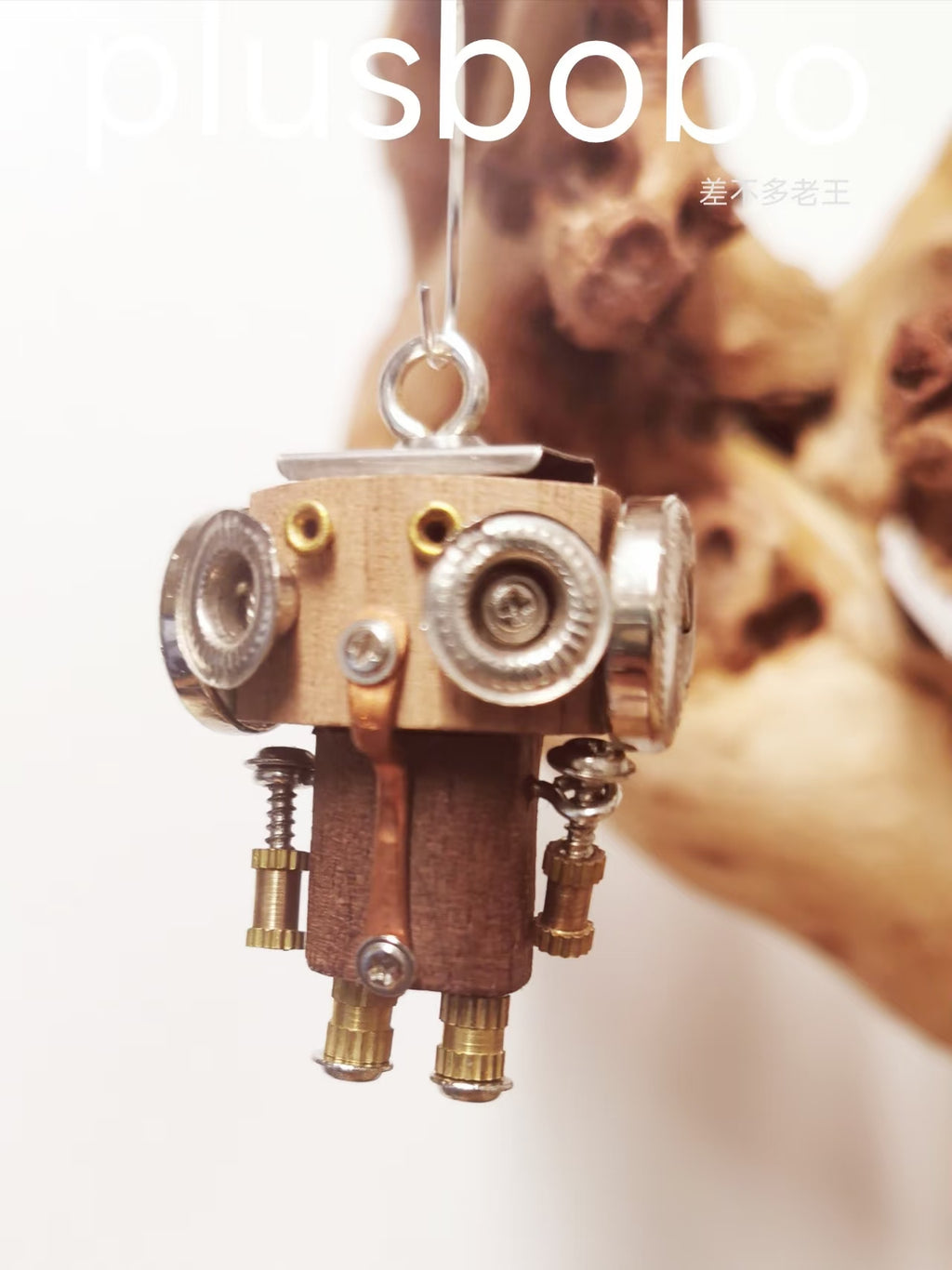 Silver-Eyed Double-Sided Steampunk Robot Charm – Handmade Wood & Metal