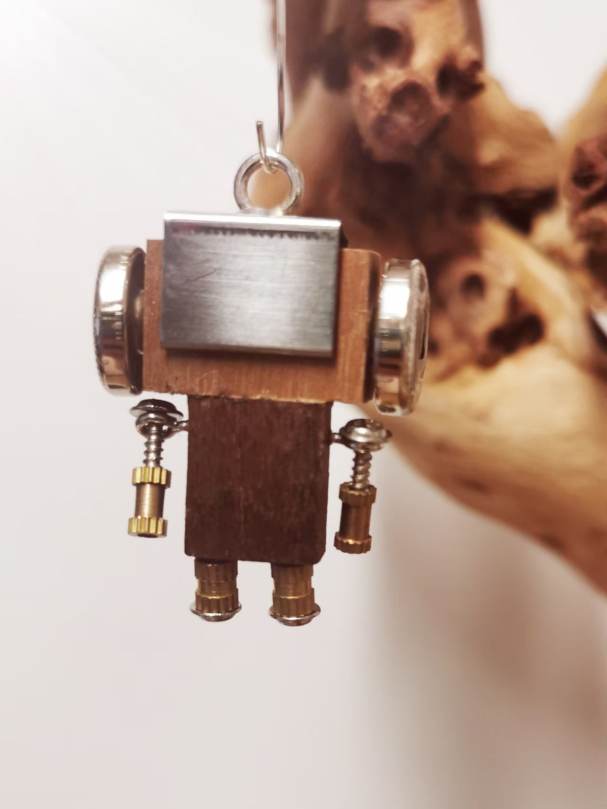 Silver-Eyed Double-Sided Steampunk Robot Charm – Handmade Wood & Metal