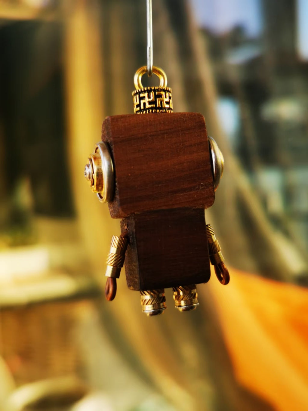 Gear-Eyed Steampunk Robot Charm with Gold-Tone Dragonfly