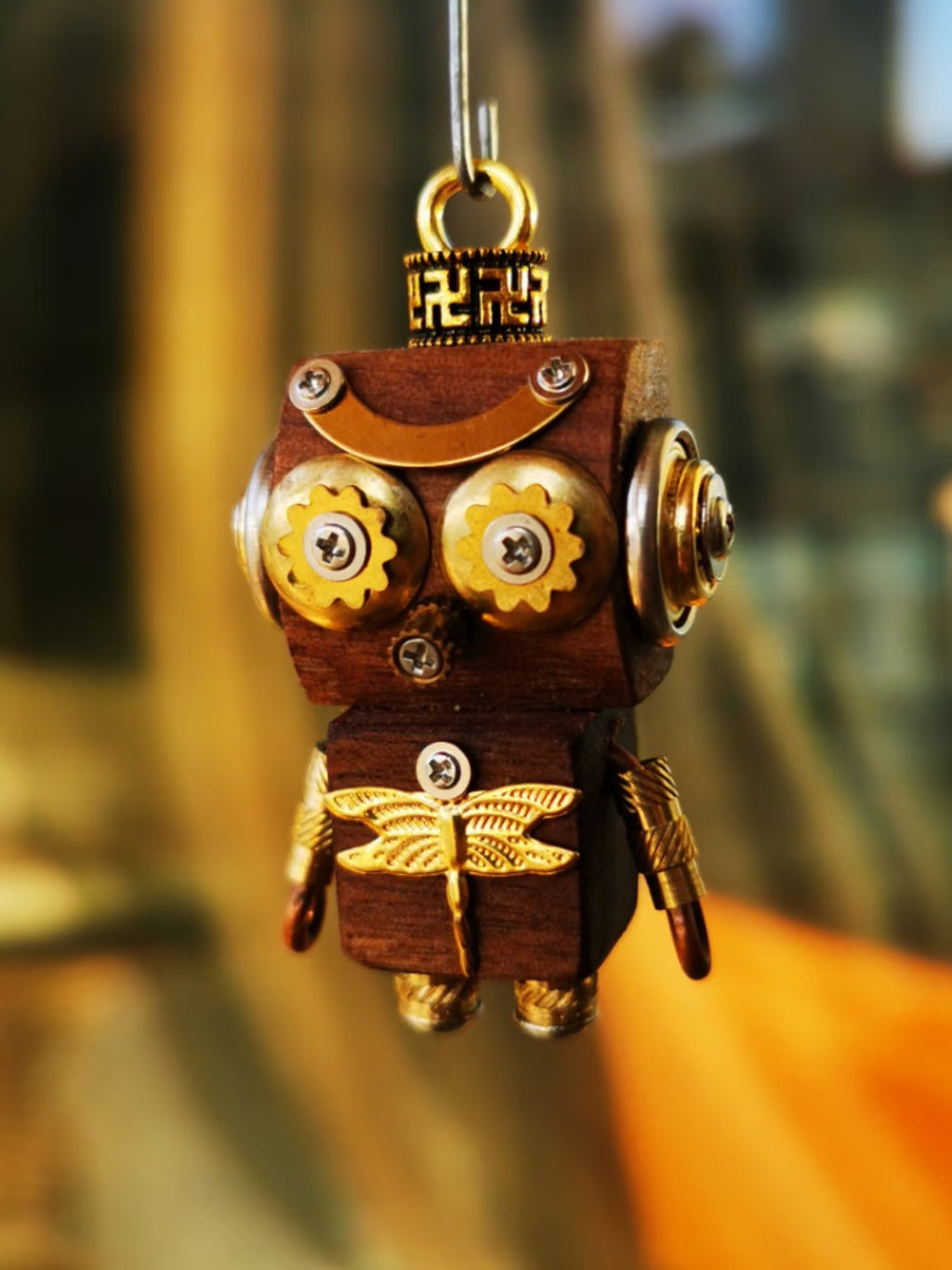 Gear-Eyed Steampunk Robot Charm with Gold-Tone Dragonfly