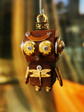 Gear-Eyed Steampunk Robot Charm with Gold-Tone Dragonfly