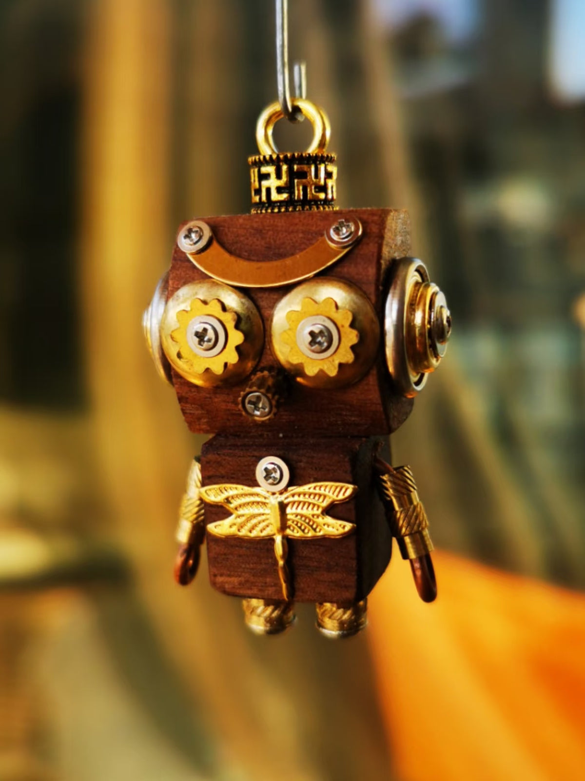 Gear-Eyed Steampunk Robot Charm with Gold-Tone Dragonfly