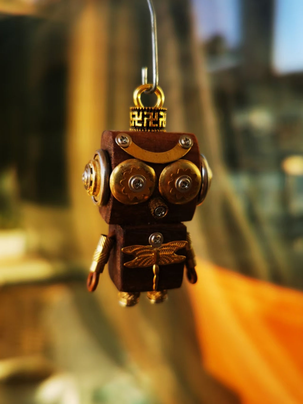 Gear-Eyed Steampunk Robot Charm with Gold-Tone Dragonfly