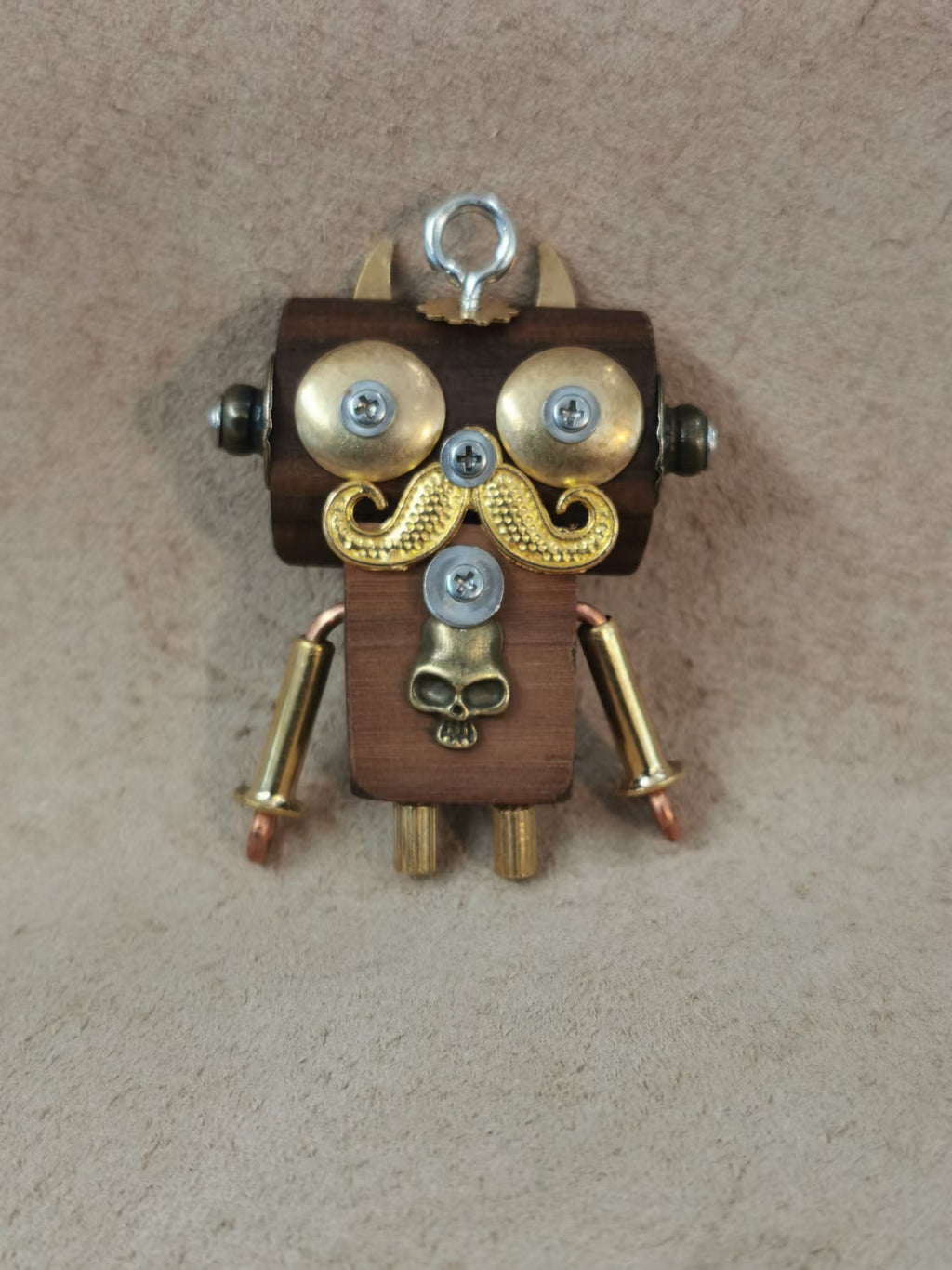 Double-Sided Steampunk Robot Charm with Mustache, Skull & Star