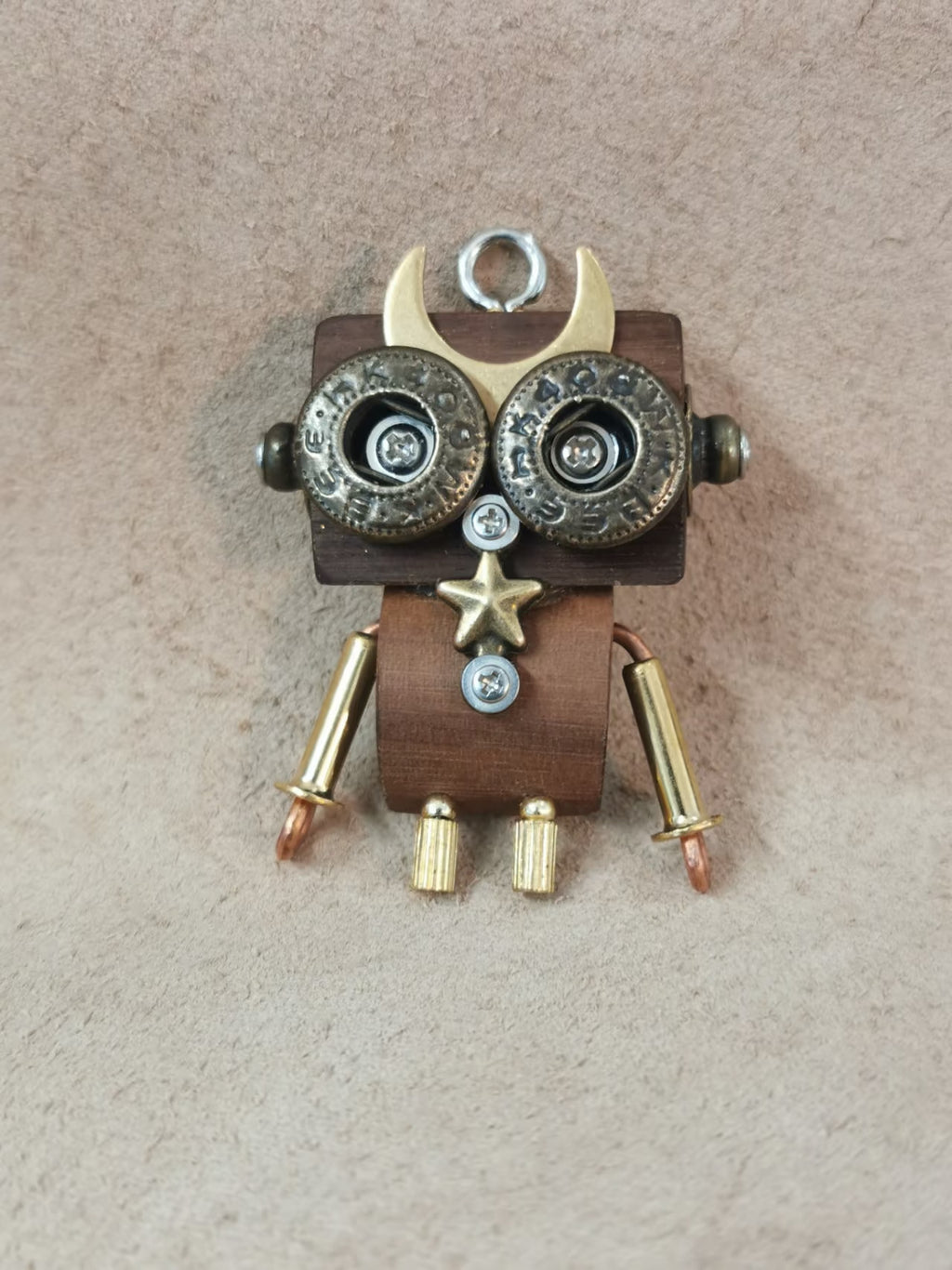 Double-Sided Steampunk Robot Charm with Mustache, Skull & Star