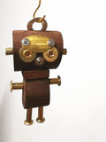 Steampunk Robot Charm with Gold-Tone Oval Detail – Handmade Wood & Metal
