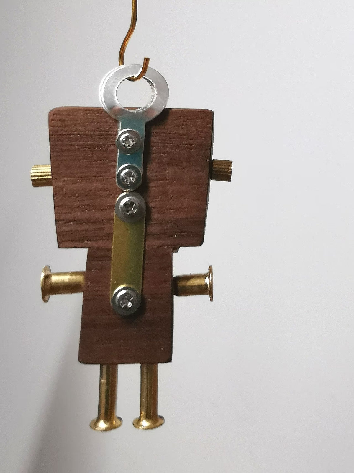 Steampunk Robot Charm with Gold-Tone Oval Detail – Handmade Wood & Metal