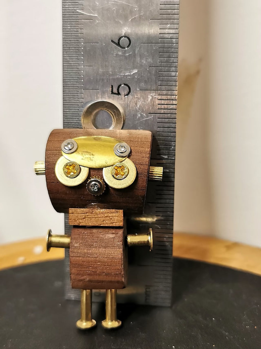Steampunk Robot Charm with Gold-Tone Oval Detail – Handmade Wood & Metal