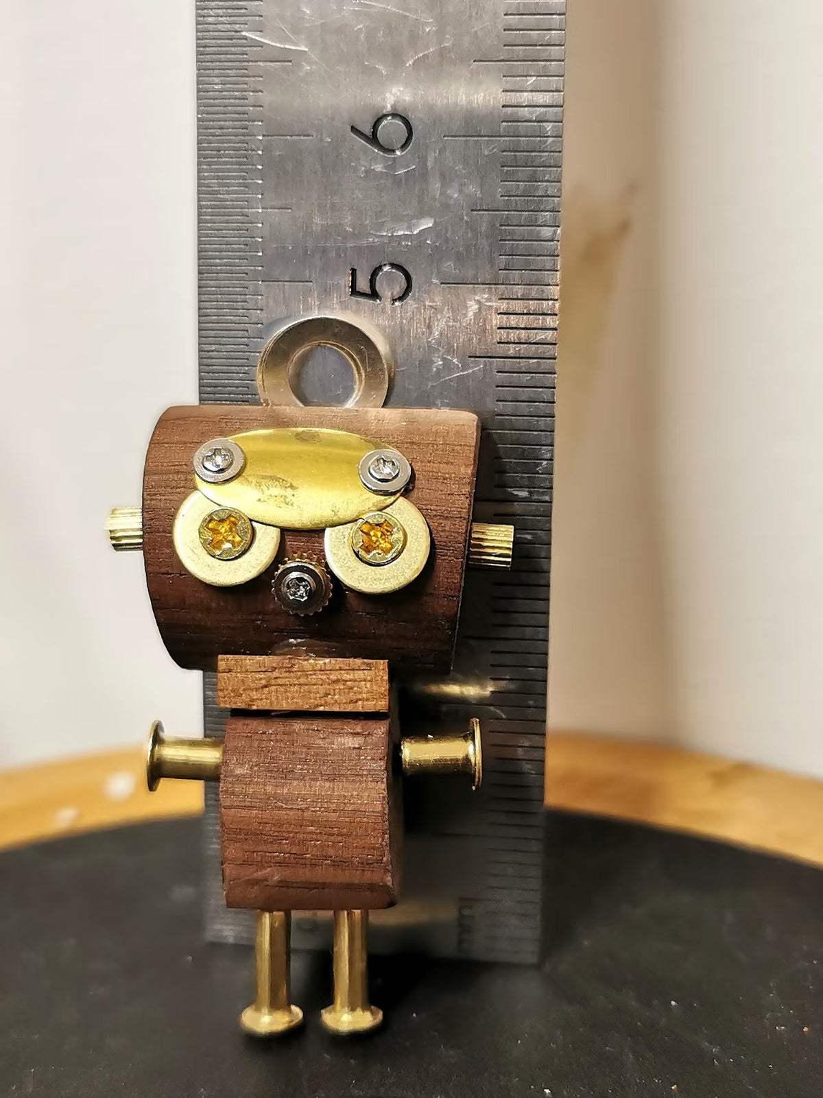 Steampunk Robot Charm with Gold-Tone Oval Detail – Handmade Wood & Metal