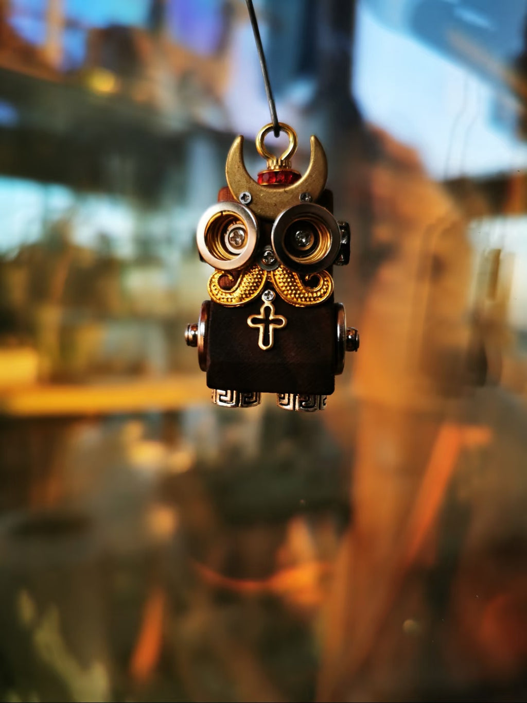 Steampunk Robot Charm with Crescent, Mustache & Cross