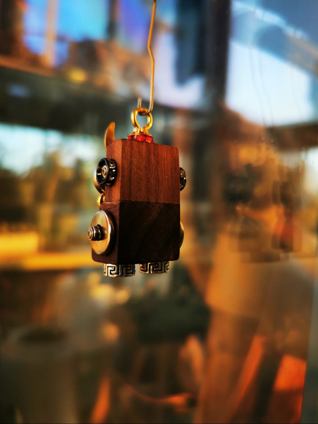Steampunk Robot Charm with Crescent, Mustache & Cross