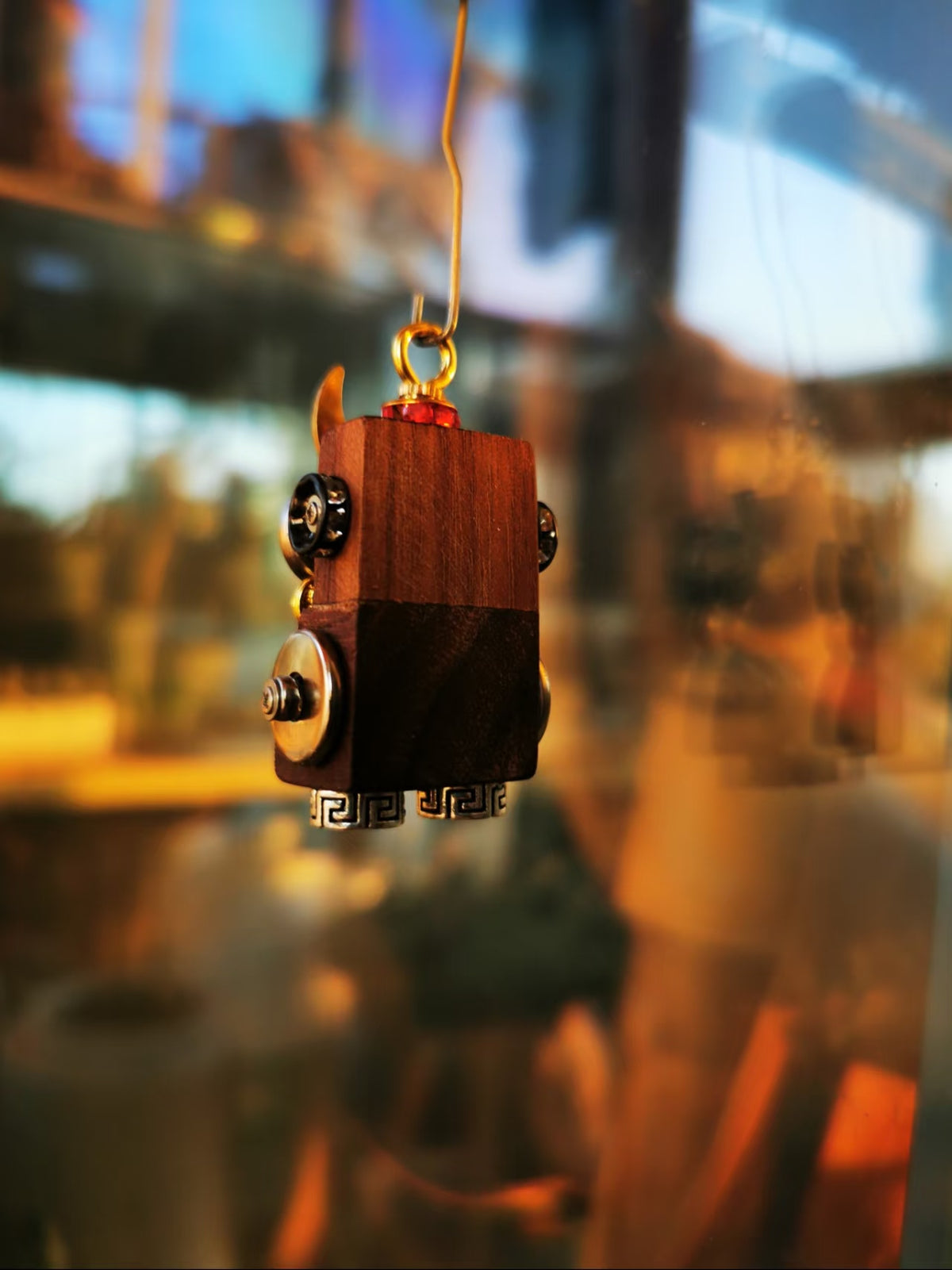 Steampunk Robot Charm with Crescent, Mustache & Cross