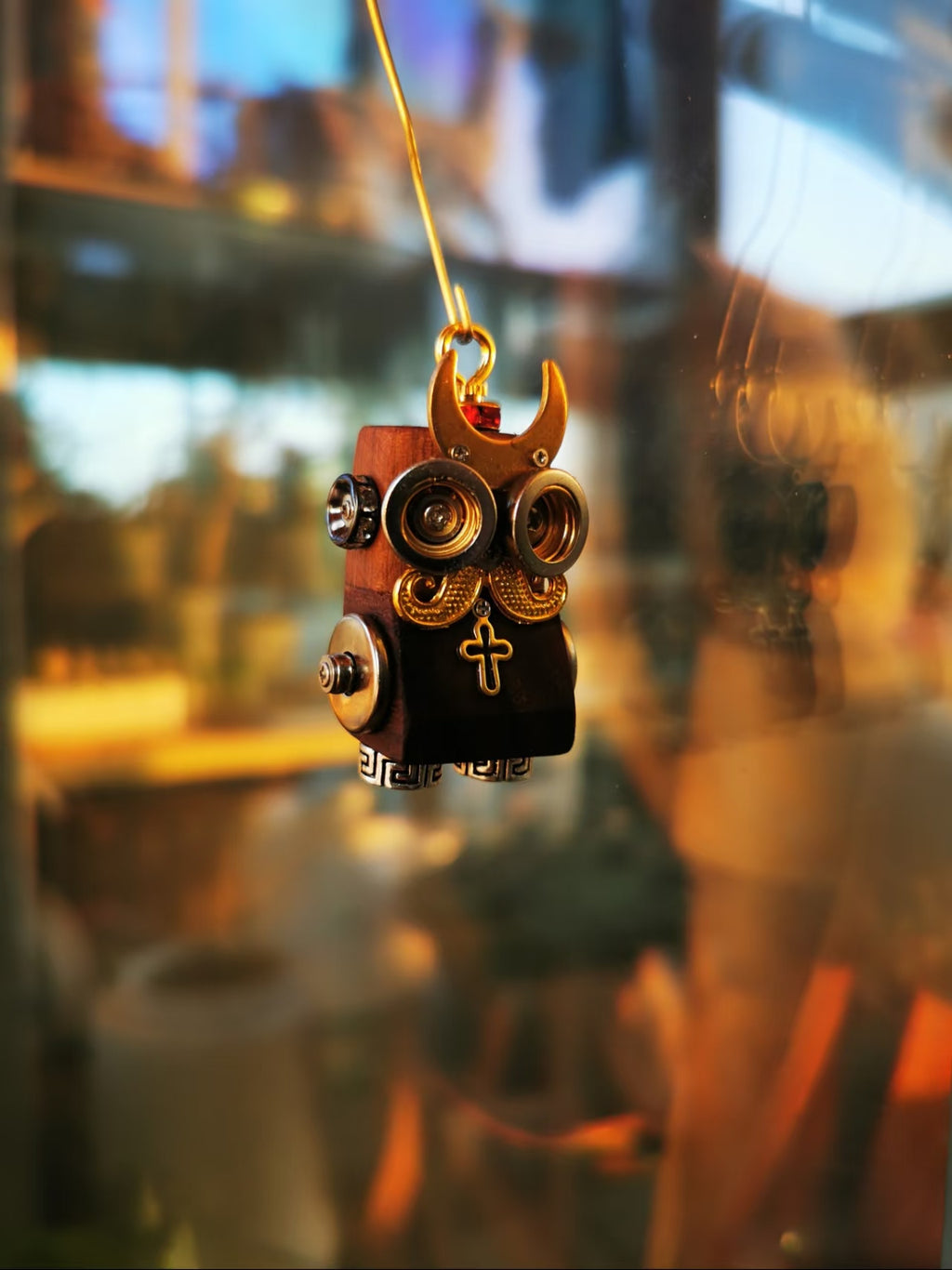 Steampunk Robot Charm with Crescent, Mustache & Cross