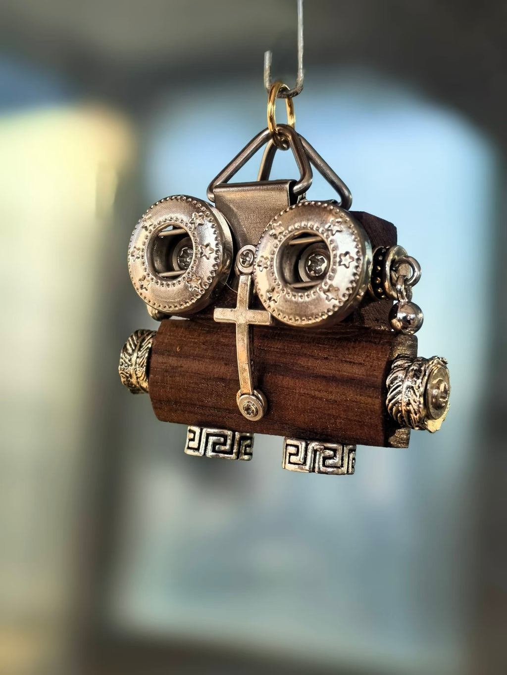 Star-Eyed Steampunk Robot Charm with Cross Detail – Handmade Wood & Metal