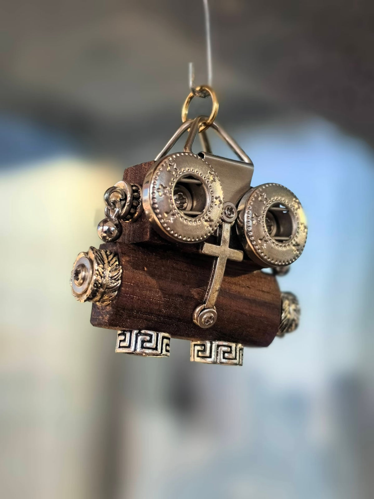 Star-Eyed Steampunk Robot Charm with Cross Detail – Handmade Wood & Metal