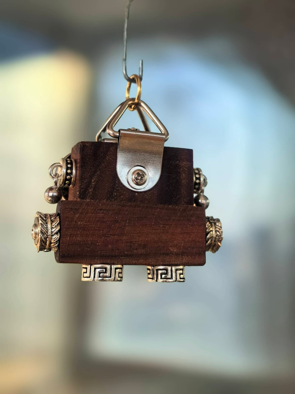 Star-Eyed Steampunk Robot Charm with Cross Detail – Handmade Wood & Metal