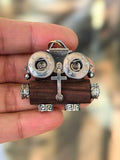 Star-Eyed Steampunk Robot Charm with Cross Detail – Handmade Wood & Metal