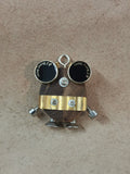 Black-Eyed Steampunk Robot Charm with Gold-Tone Band – Handmade Wood & Metal